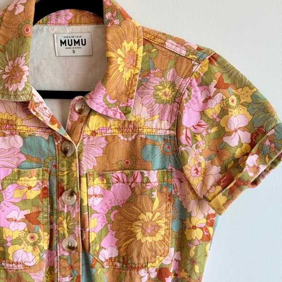 SHOW ME YOUR MUMU Cannon Romper Groovy Blooms Floral Denim Size Small - Picture 5 of 10